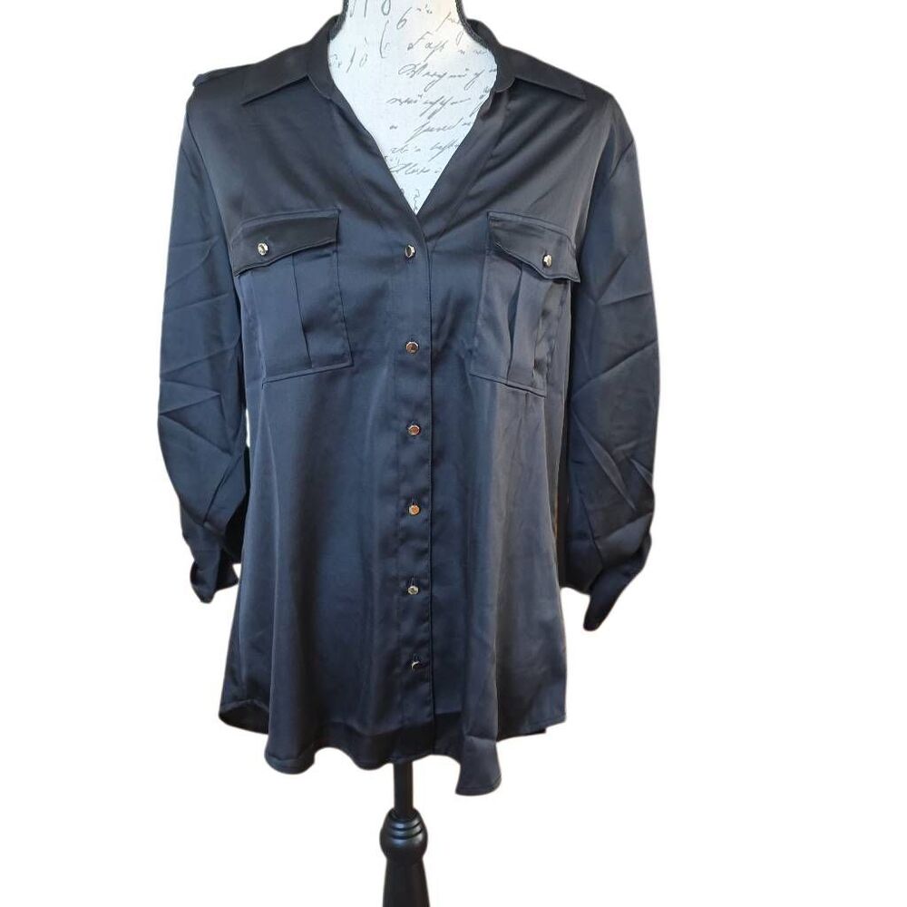 Express Women's Size Large Black Satin Slim Porotfino Gold Button Down Shirt